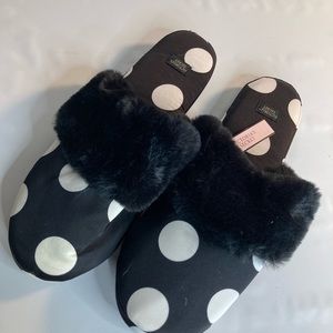 Victoria secret black polka dot white slippers Large NWT